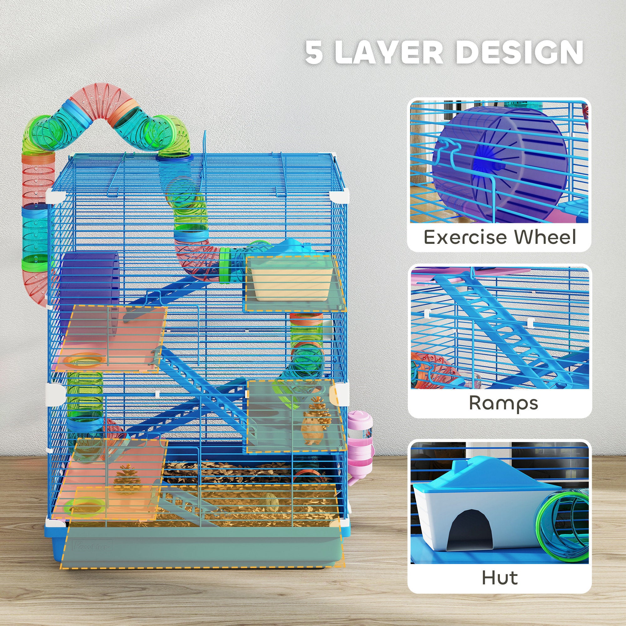 PawHut 5 Tier Hamster Cage Carrier Habitat w/ Exercise Wheels, Tunnel, Blue 