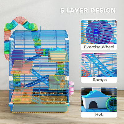 PawHut 5 Tier Hamster Cage Carrier Habitat w/ Exercise Wheels, Tunnel, Blue 