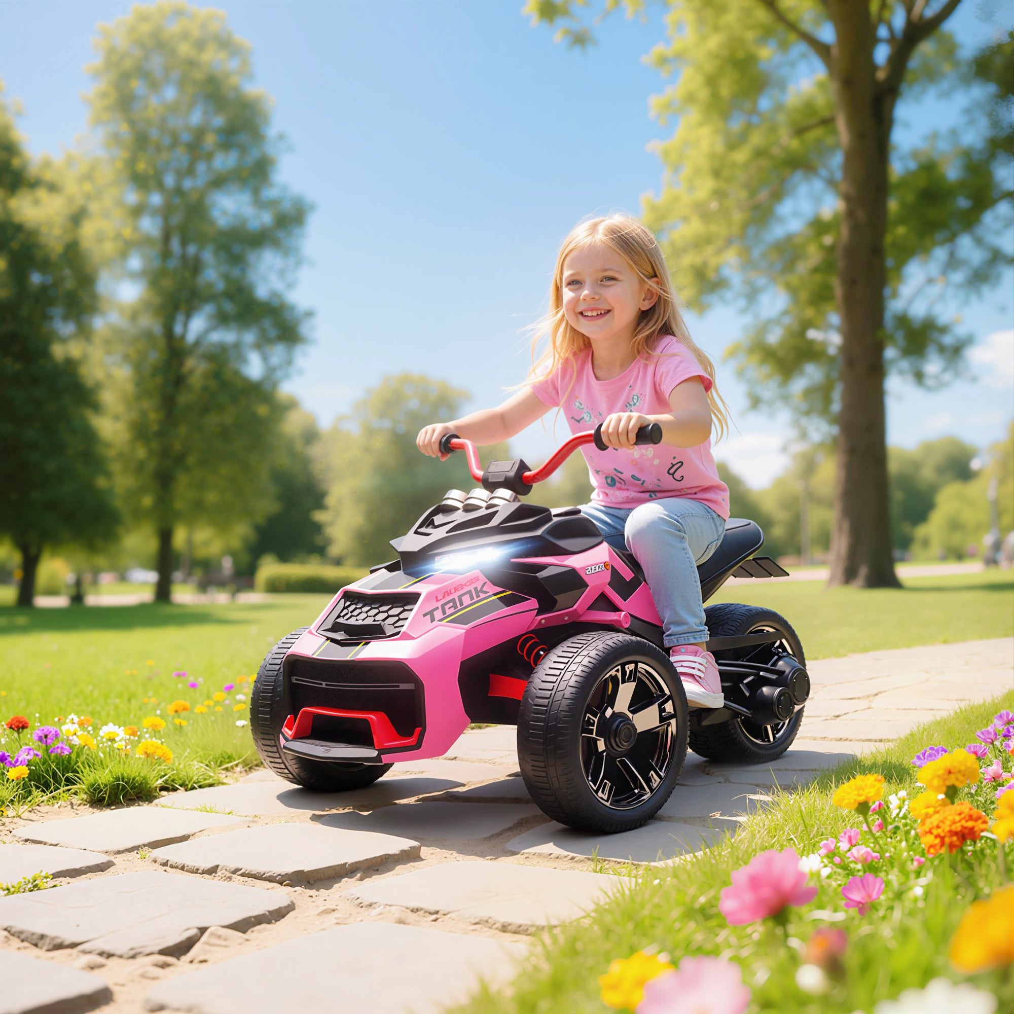 AIYAPLAY 12V Kids Electric Ride On Car with 3 Wheeler, MP3 Player, Horn, 2 Speeds, LED Lights for Boys & Girls Ages 3-8, Pink 