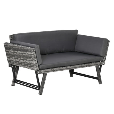 Outsunny 2 Seater Rattan Sofa with Cushions, 2-in-1 PE Rattan Daybed Sofa with Left Up or Down Armrests, Garden Chaise Lounger Loveseat for Outdoor, Patio, Mixed Grey 