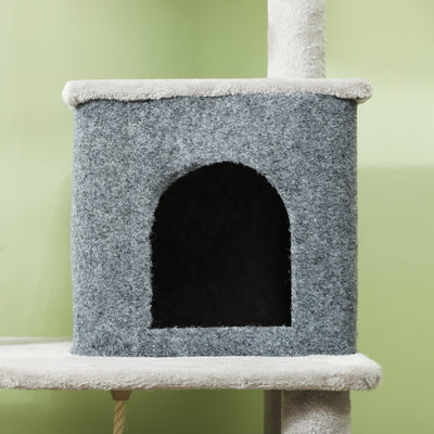 PawHut 132cm Cat Tree w/ Scratching Posts, Pad, Cat Bed, Cat House, Jumping Platform, Grooming Brush, Anti-Tip Kit, Light Grey 