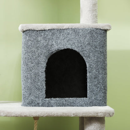 PawHut 132cm Cat Tree w/ Scratching Posts, Pad, Cat Bed, Cat House, Jumping Platform, Grooming Brush, Anti-Tip Kit, Light Grey 