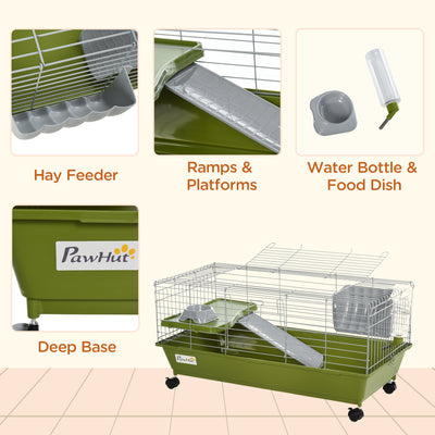 PawHut Small Animal Cage Rabbit Guinea Pigs Chinchillas Cage w/ Wheels Water Bottle Food Dish Platform Ramp 89 x 44 x 43 cm Green 
