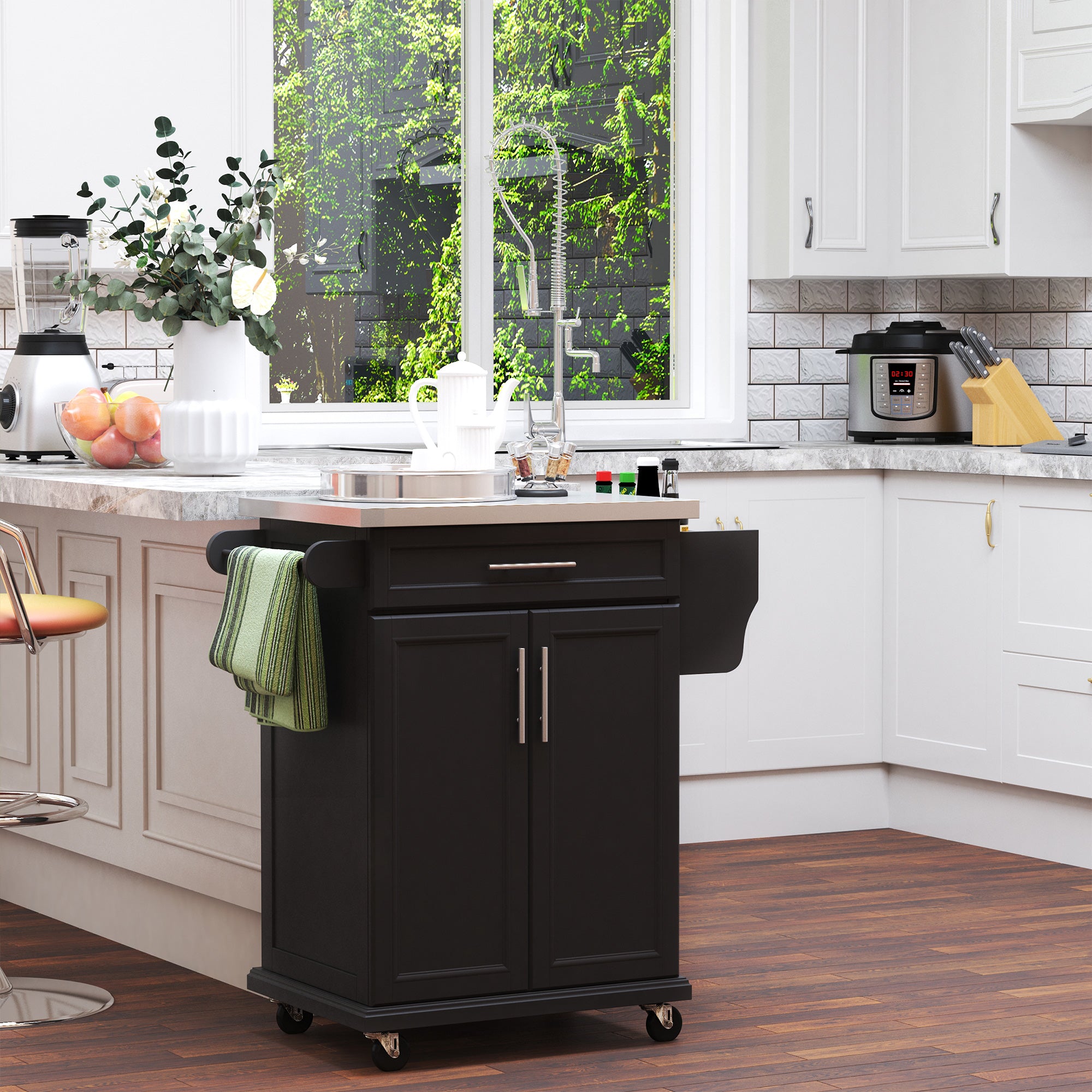 HOMCOM Wooden Kitchen Island on Wheels, Serving Cart Storage Trolley with Stainless Steel Top, Drawer, Side Handle and Rack, Black 