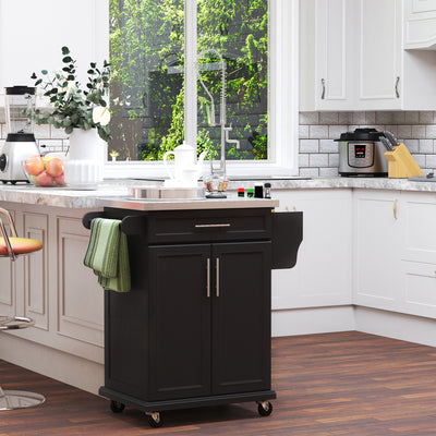 HOMCOM Wooden Kitchen Island on Wheels, Serving Cart Storage Trolley with Stainless Steel Top, Drawer, Side Handle and Rack, Black 