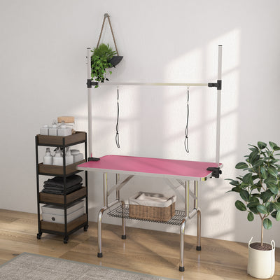 PawHut 42" Dog Grooming Table, Adjustable Pet Cat Drying Beauty Table with 2 Loops Storage Basket, Rubber Top, Pink 