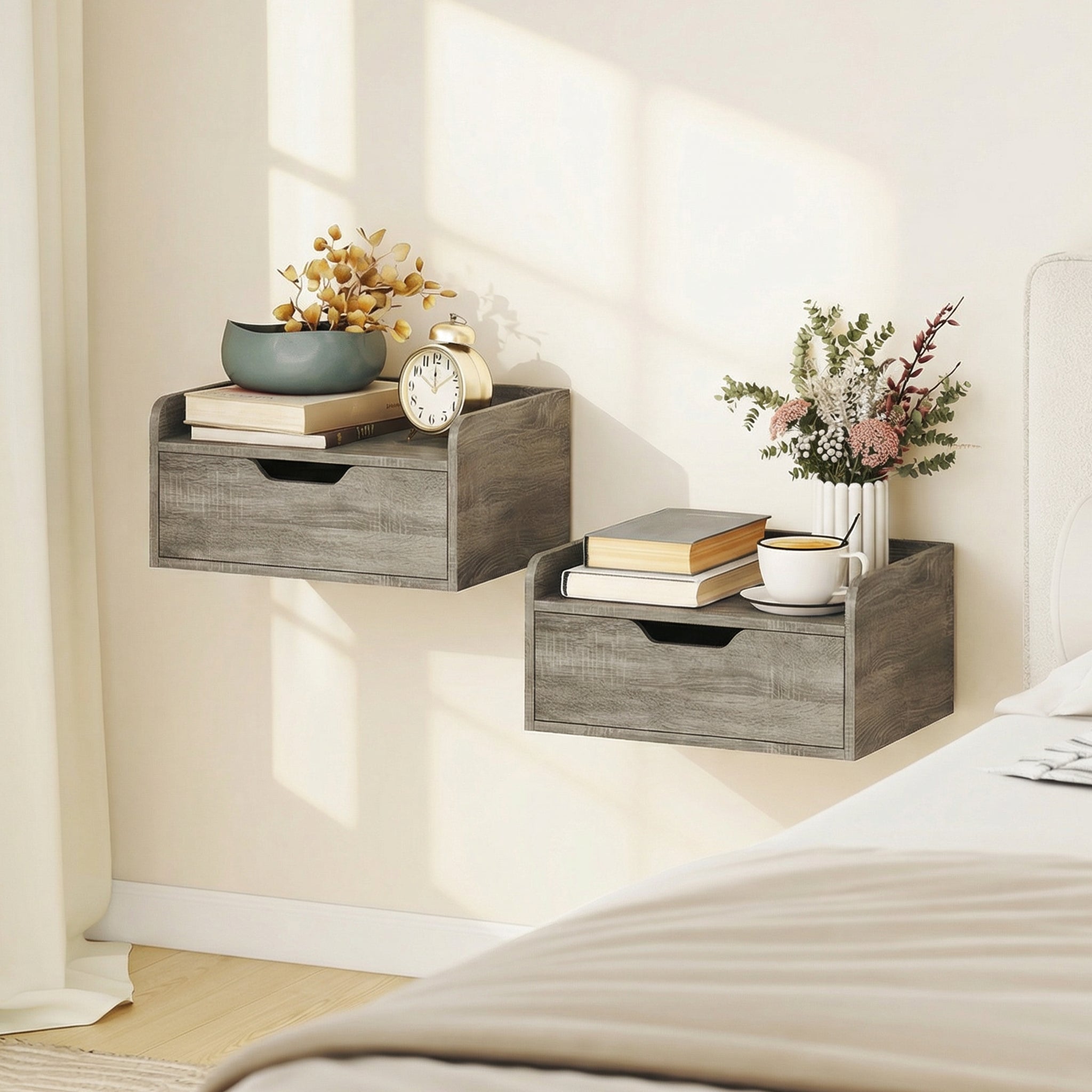 HOMCOM Floating Nightstands Set of 2, Wall Mounted Bedside Table with Drawer for Bedroom, Grey Wood Effect 