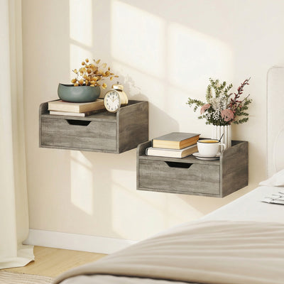 HOMCOM Floating Nightstands Set of 2, Wall Mounted Bedside Table with Drawer for Bedroom, Grey Wood Effect 