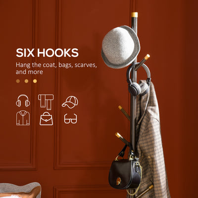 HOMCOM Vintage Coat Rack Stand Freestanding Hall Tree with 6 Hooks Bamboo Frame for Entryway Hallway Bedroom Walnut 