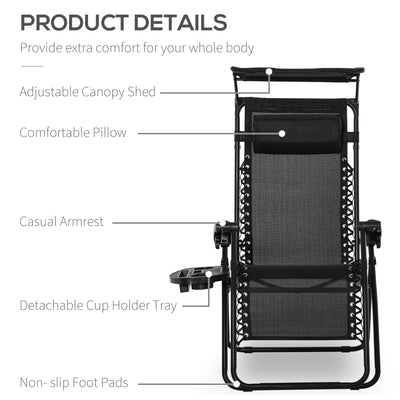Outsunny 2 Piece Foldable Reclining Garden Chair with Headrest, Zero Gravity Deck Sun Lounger Seat Chair with Footrest, Armrest, Cup Holder & Canopy Shade, Black 