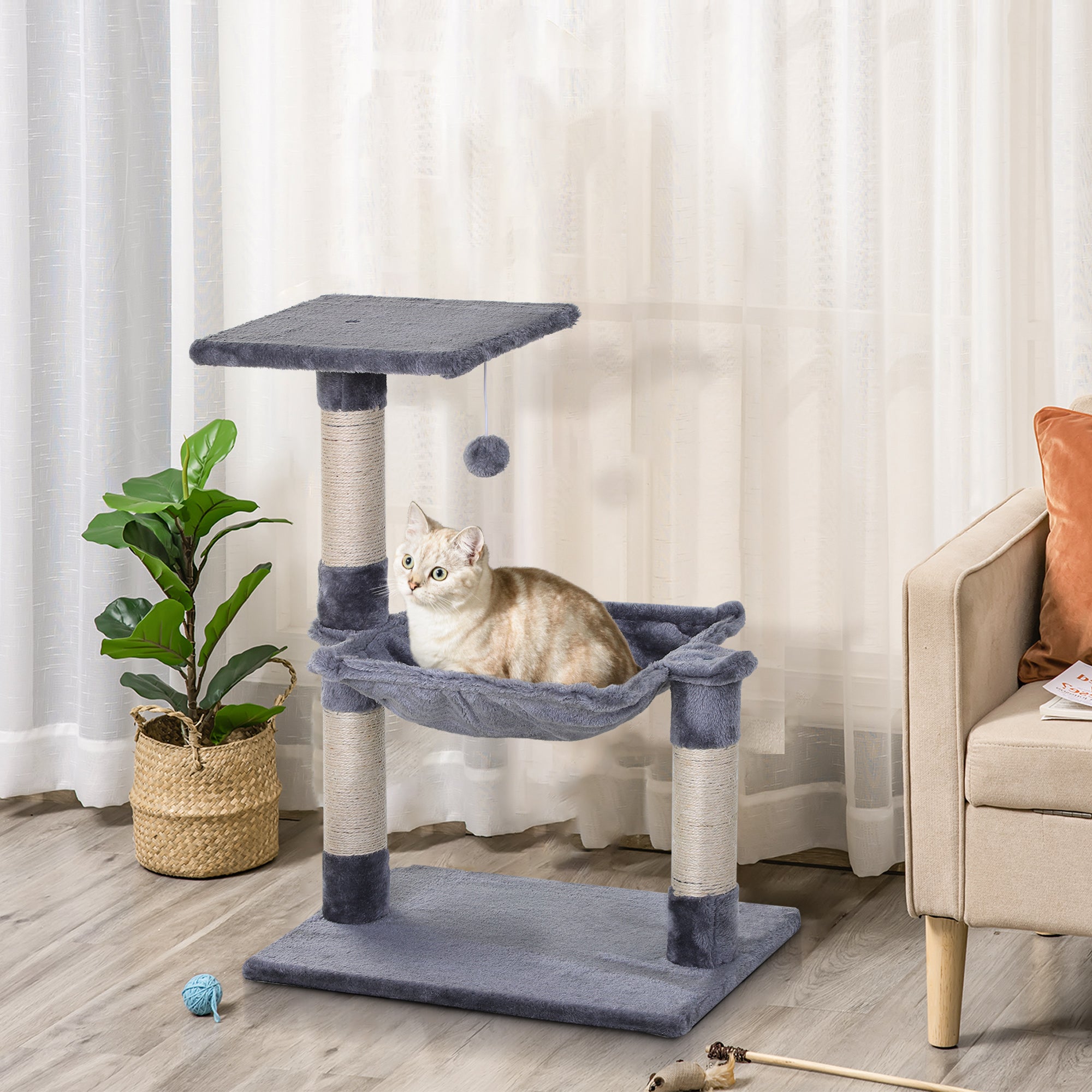 PawHut Cat Scratch Post with Bed Cat Tree for Indoor Cats Sisal Scratching Posts Hammock Kitty Activity Centre Grey 