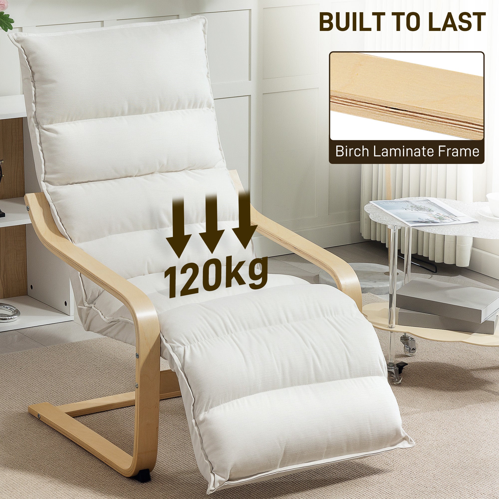 HOMCOM Curved Wooden Accent Chair, with Adjustable Footrest - Cream White 