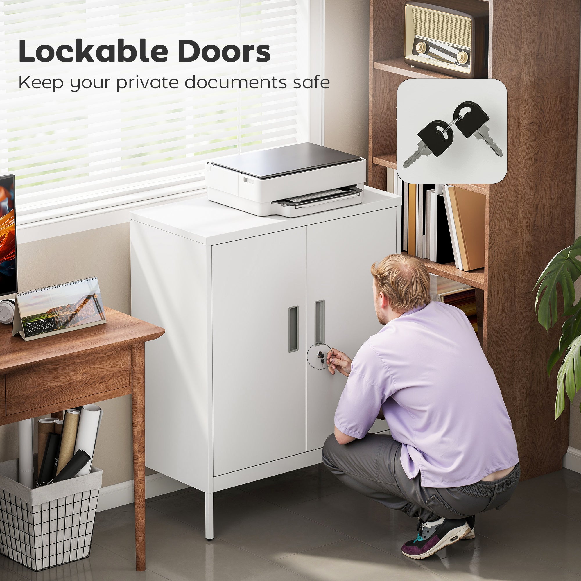 HOMCOM Metal Storage Cabinet with Lock and Adjustable Shelves - White 