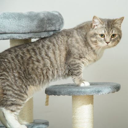 PawHut 65cm Cat Tree, Cat Tower for Kittens, Small Cat Condo with Sisal Scratching Posts, Hanging Rope, Perches - Grey 