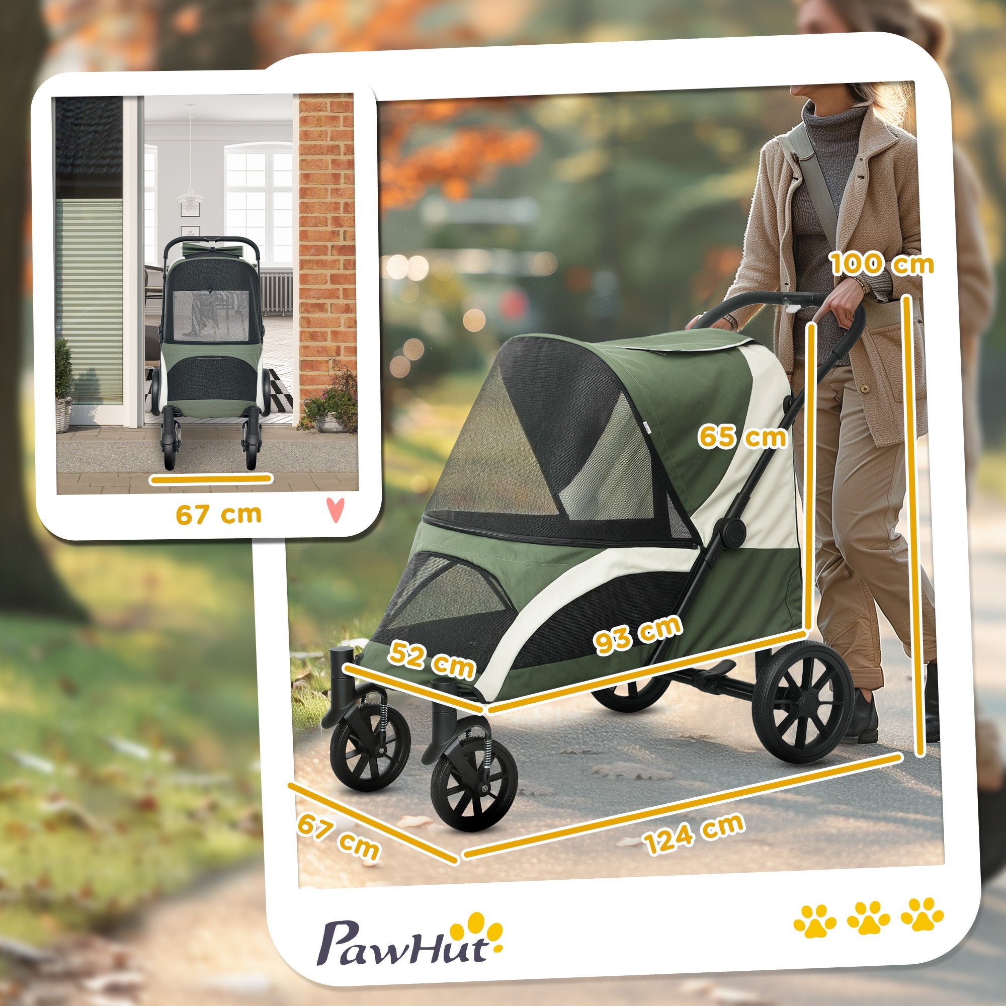 PawHut Easy Folding Pet Stroller for Large Dogs with 4 Big Wheels, Shock Absorb Frame, Safety Leashes, Brakes, Dark Green 