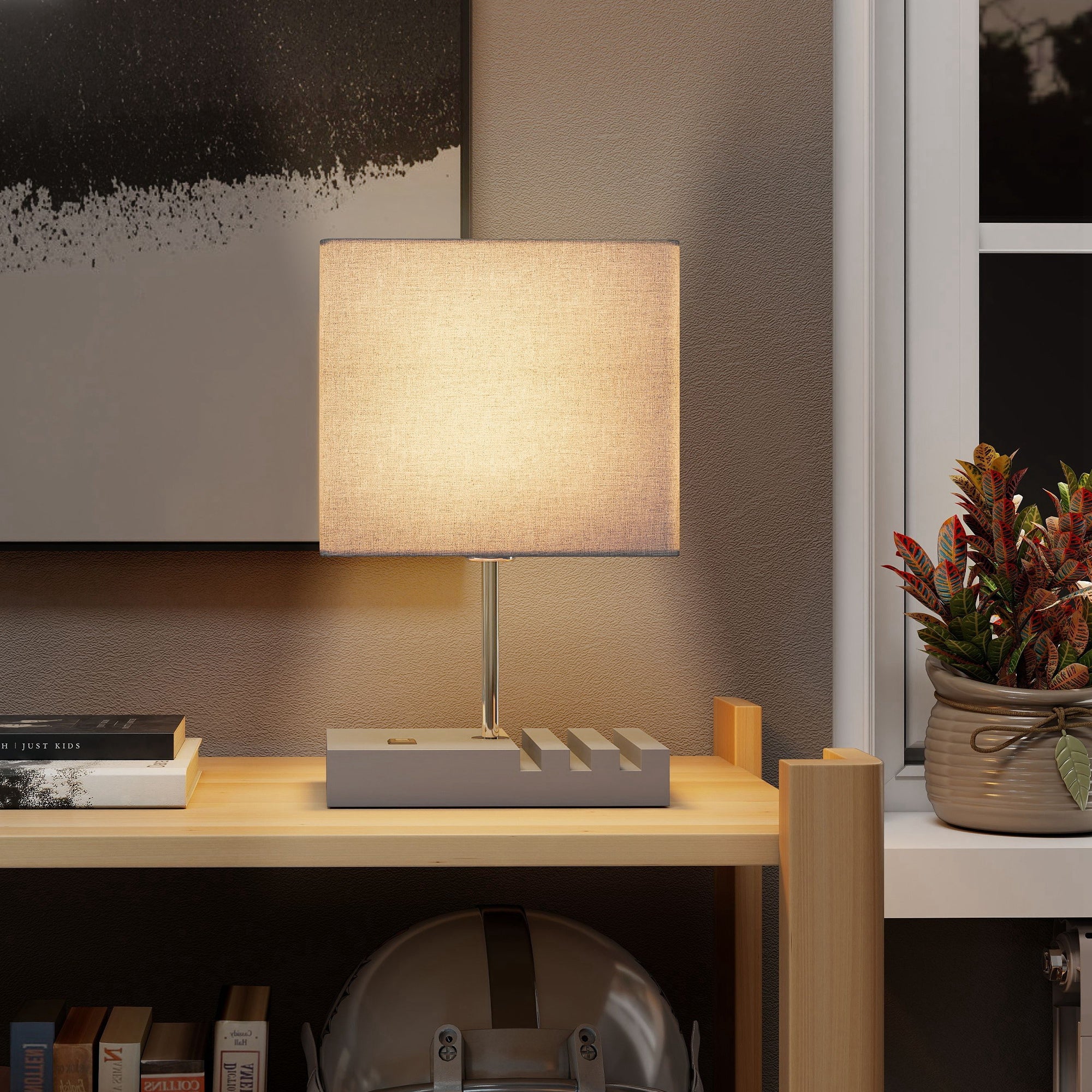 HOMCOM Bedside Lamp with USB A+C Charging Ports and 3 Phone Stands, Modern Table Lamp with Solid Wood Base and Fabric Shade for Bedroom Living Room Office, E27 Socket, Bulb Not Included, Grey 