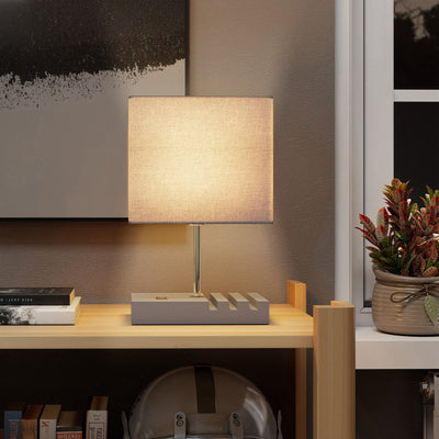HOMCOM Bedside Lamp with USB A+C Charging Ports and 3 Phone Stands, Modern Table Lamp with Solid Wood Base and Fabric Shade for Bedroom Living Room Office, E27 Socket, Bulb Not Included, Grey 
