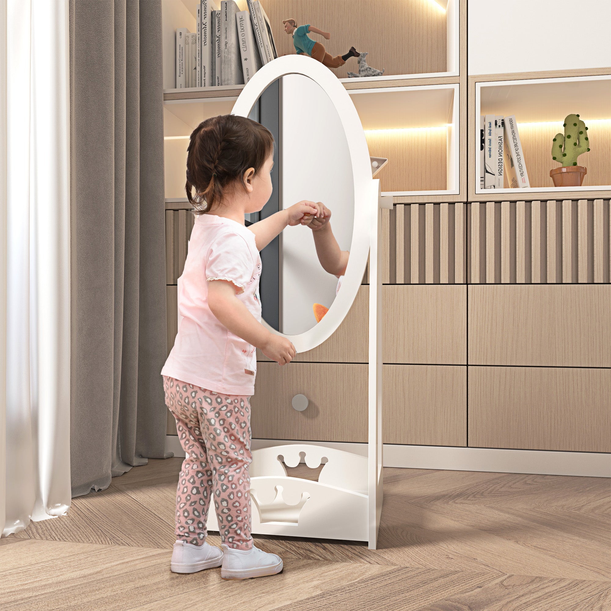 HOMCOM Free Standing Full Length Mirror, Child's Dressing Mirror with storage shelf, Children's White Bedroom Furniture 360° Rotation MDF, For 3- 8 Years Old, 40L x 30W x 104H cm 