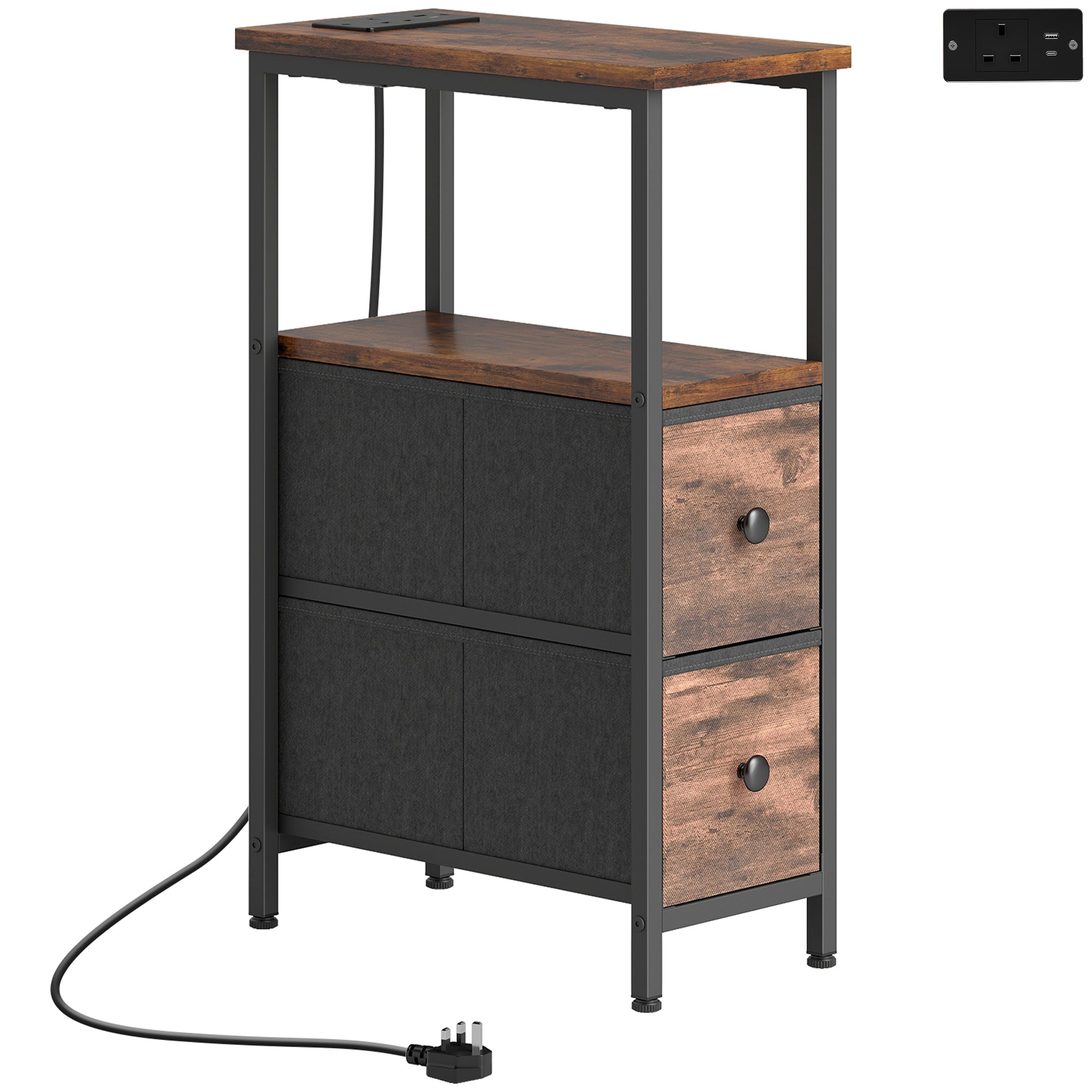 HOMCOM Side Table, Narrow Bedside Table with Charging Station, 2 Drawers, AC Outlet and 2 USB Ports for Living Room, Bedroom 