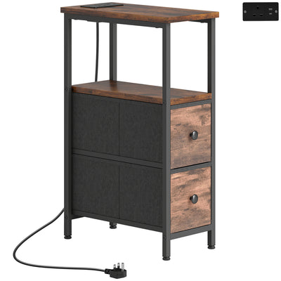 HOMCOM Side Table, Narrow Bedside Table with Charging Station, 2 Drawers, AC Outlet and 2 USB Ports for Living Room, Bedroom 