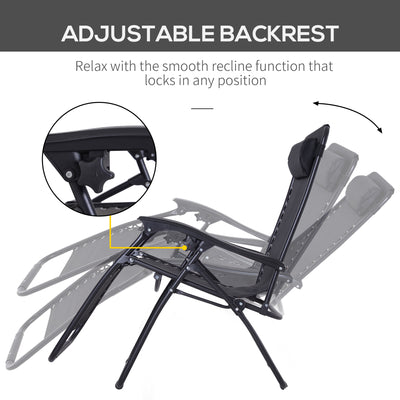 Outsunny Zero Gravity Chair Set of 2, Metal Frame Texteline Armchair Outdoor Folding and Reclining Sun Lounger with Head Pillow for Patio Decking Gardens Camping, Black 