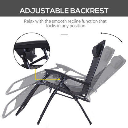 Outsunny Zero Gravity Chair Set of 2, Metal Frame Texteline Armchair Outdoor Folding and Reclining Sun Lounger with Head Pillow for Patio Decking Gardens Camping, Black