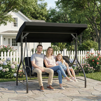 Outsunny 3 Seater Canopy Swing Chair, 2 in 1 Garden Swing Seat Bed, with Adjustable Canopy and Metal Frame, Black 