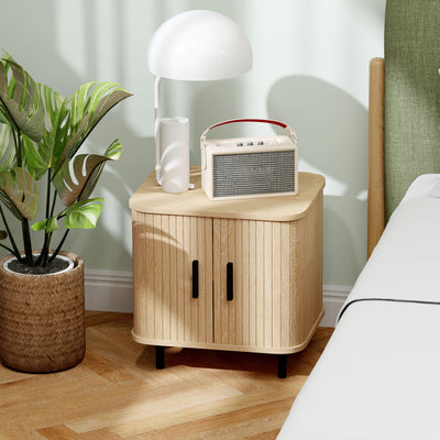 HOMCOM Bedside Table, Nordic Side Table with Roller Shutter Style Sliding Doors and Metal Legs for Bedroom, Living Room, Oak Tone 