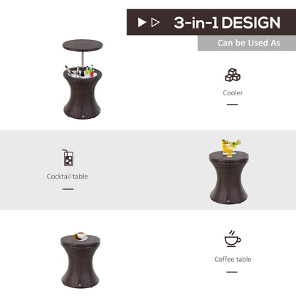 Outsunny PE Rattan Ice Bucket Table, Height Adjustable Liftable Outdoor Drinks Cooler, 52 cm Round Garden Beer Cocktail Table with Lid for Bar, Patio, Terrace, Brown 