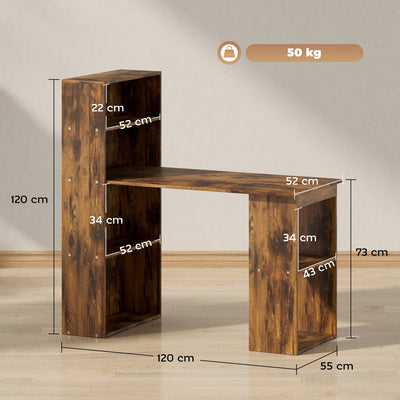 HOMCOM 120cm Computer Desk, Wooden PC Laptop Table with 6-Tier Storage Bookshelves, Home Office Working Study Desk, Writing Workstation, Rustic Brown Wood-Effect 