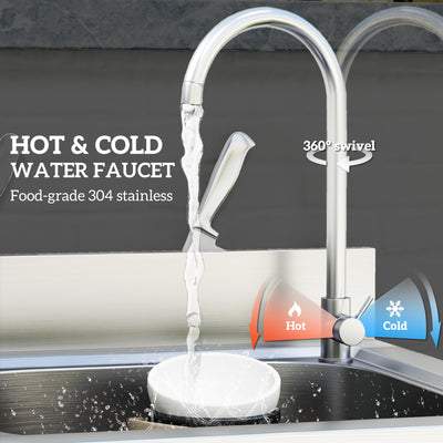 HOMCOM Outdoor Utility Sink, Stainless Steel Free Standing Single Bowl Kitchen Sink with Cold and Hot Water Pipe and Storage Shelf for Laundry Garage, 55 x 50 x 100 cm 
