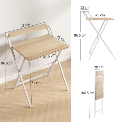 HOMCOM 70 cm Folding Computer Desk with Monitor Shelf - Natural Wood Finish 