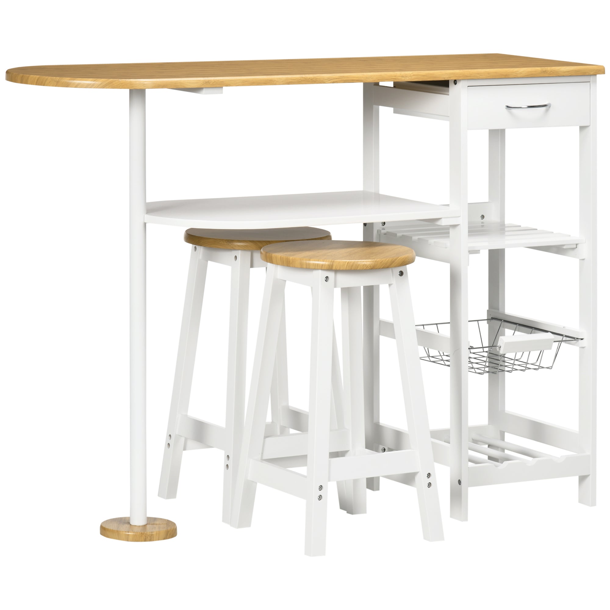 HOMCOM 3 Piece Bar Table Set, Breakfast Bar table and Stools with Storage Shelf, Drawer, Wire Basket and Wine Rack for Kitchen, Home Bar, Natural and White 