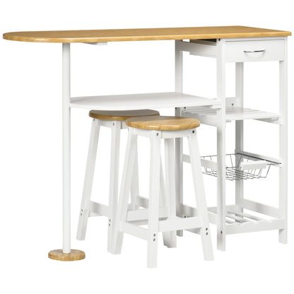 HOMCOM 3 Piece Bar Table Set, Breakfast Bar table and Stools with Storage Shelf, Drawer, Wire Basket and Wine Rack for Kitchen, Home Bar, Natural and White 