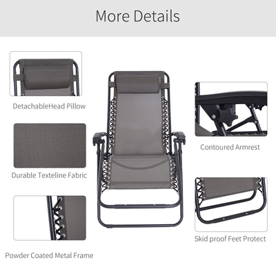 Outsunny Zero Gravity Chair Set of 2, Metal Frame Texteline Armchair Outdoor Folding and Reclining Sun Lounger with Head Pillow for Patio Decking Gardens Camping, Grey 