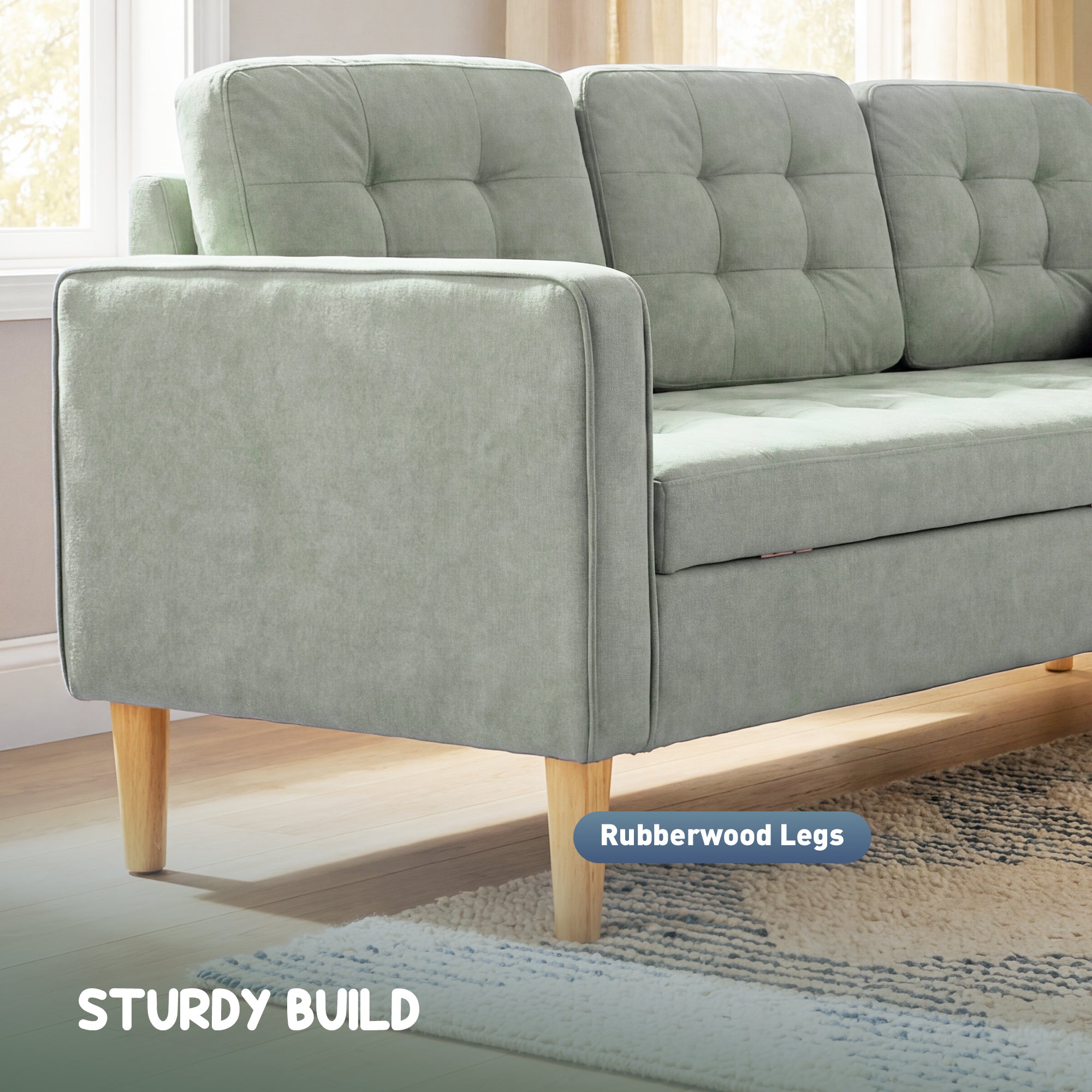 HOMCOM 3 Seater Sofa, 169cm Couch with Hidden Storage, Wood Legs, Light Grey 