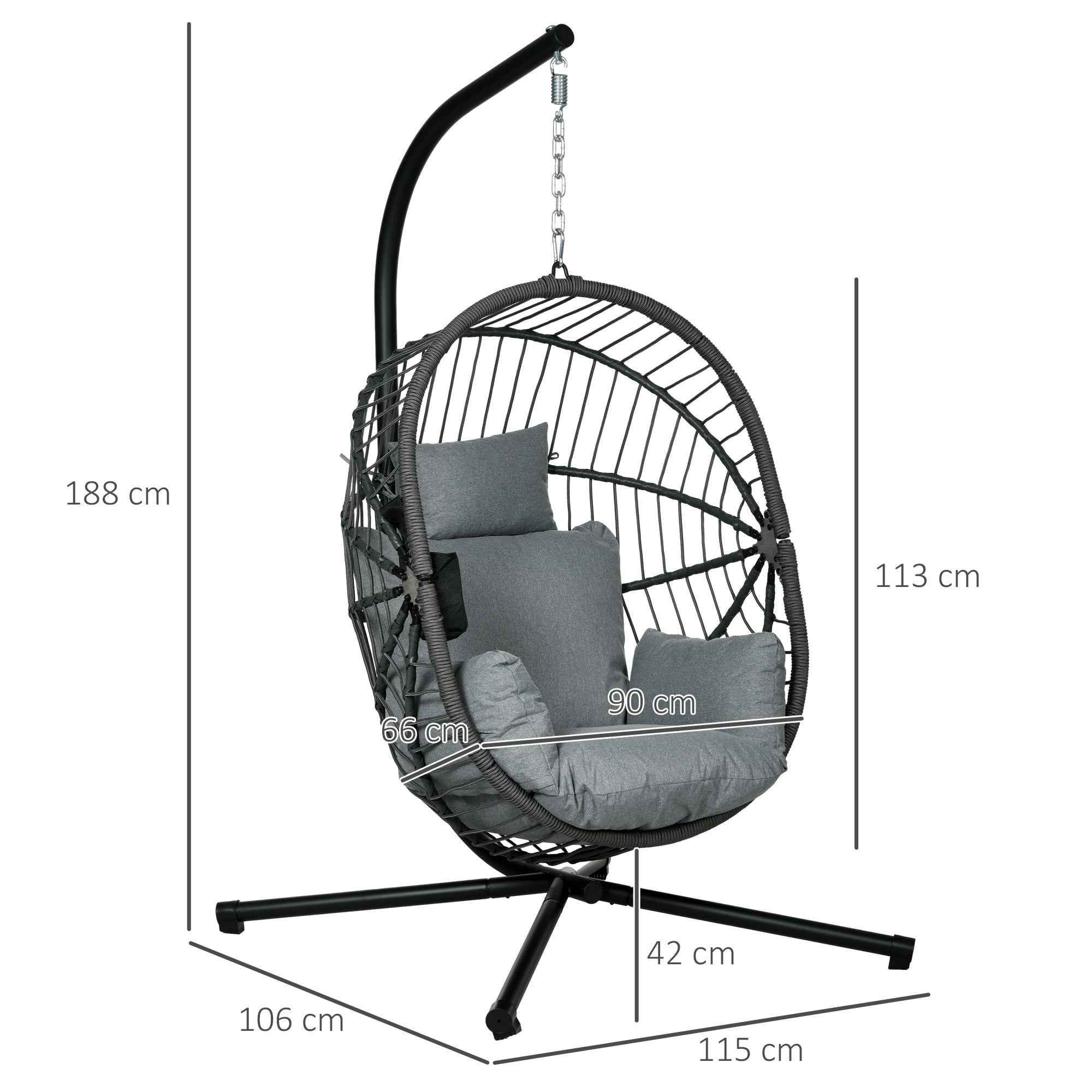 Outsunny Metal Stand Hanging Egg Chair, with Full Body Padded Seat - Grey