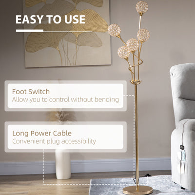 HOMCOM Crystal Floor Lamps for Living Room Bedroom with 5 Light, Modern Upright Standing Lamp, 34x25x156cm, Gold Tone 