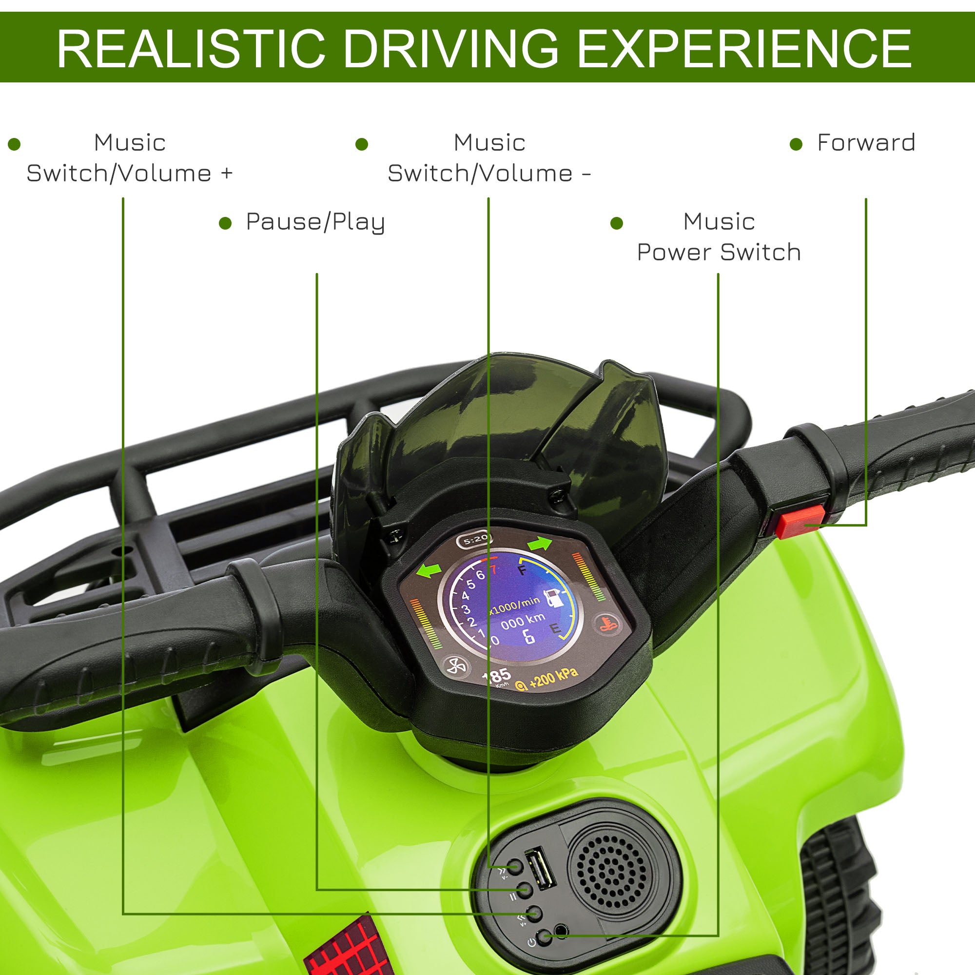 HOMCOM 6V Kids Electric Ride on Car Toddlers Quad Bike All Terrain Vehicle Toy With Music for 18-36 months Green 