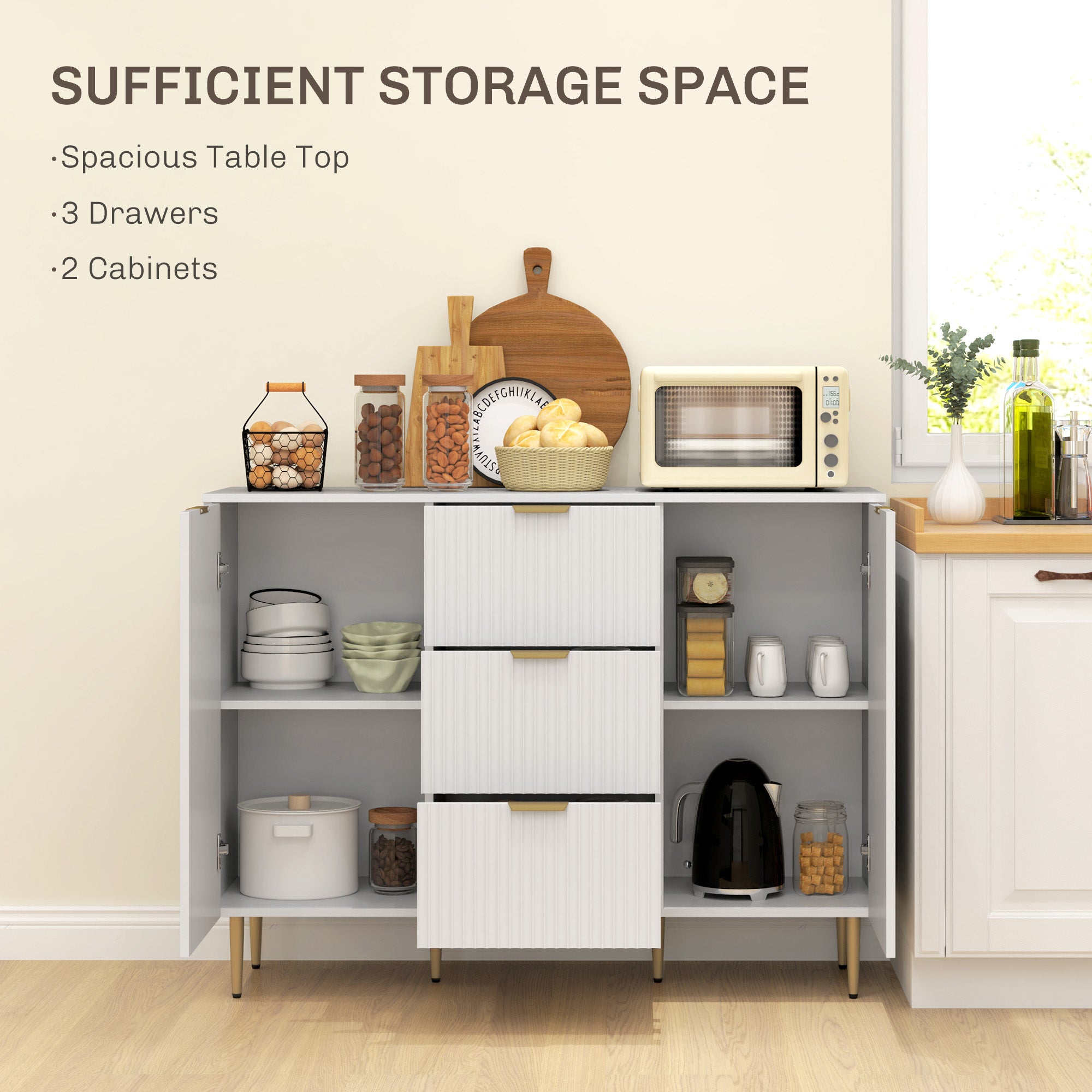 HOMCOM Sideboard Buffet Cabinet, Modern Kitchen Storage Cabinet with 3 Drawers and Adjustable Shelves, Living Room Cabinet with Metal Legs for Hallway, White 