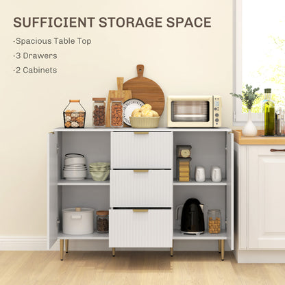 HOMCOM Sideboard Buffet Cabinet, Modern Kitchen Storage Cabinet with 3 Drawers and Adjustable Shelves, Living Room Cabinet with Metal Legs for Hallway, White 