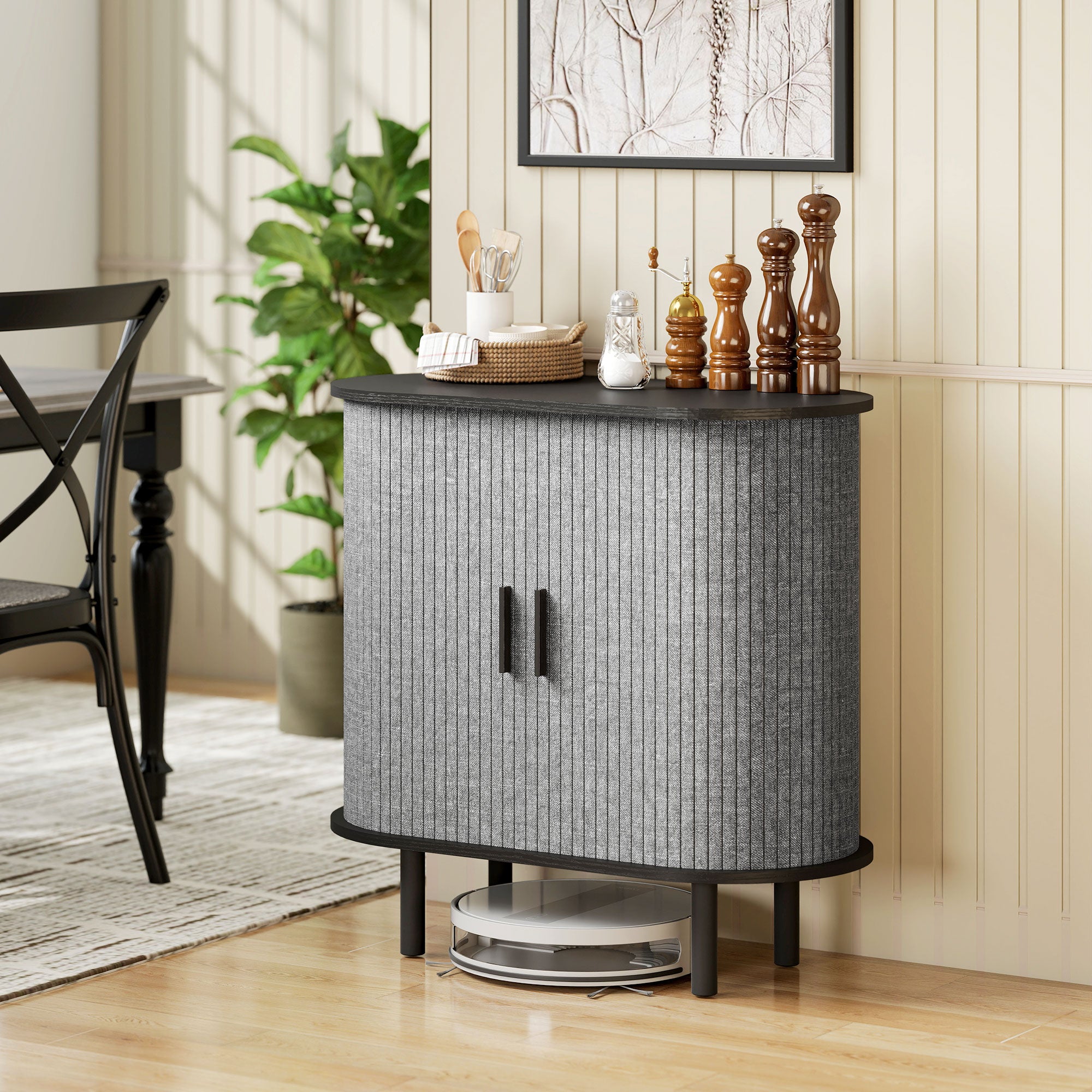 HOMCOM Tambour Sideboard with Fluted Sliding Doors, Modern Kitchen Cupboard with Storage Shelves and Wooden Legs, Grey 