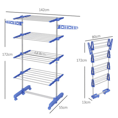 HOMCOM Four-Shelf Collapsing Clothes Horse, With Side Arms and Wheels - Blue 