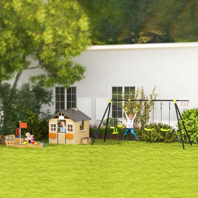 Outsunny Wooden Playhouse for Kids Outdoor Wendy House with Door, windows, Bench, Service Stations, Flowerpot Holder, For Ages 3-7 Years 