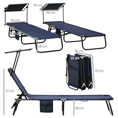 Outsunny 2 Piece Folding Sun Loungers with Canopy, Adjustable Recliner Garden Chairs with Side Pocket, Steel Frame and Breathable Mesh for Outdoor, Pool, Beach, Garden, Dark Blue 