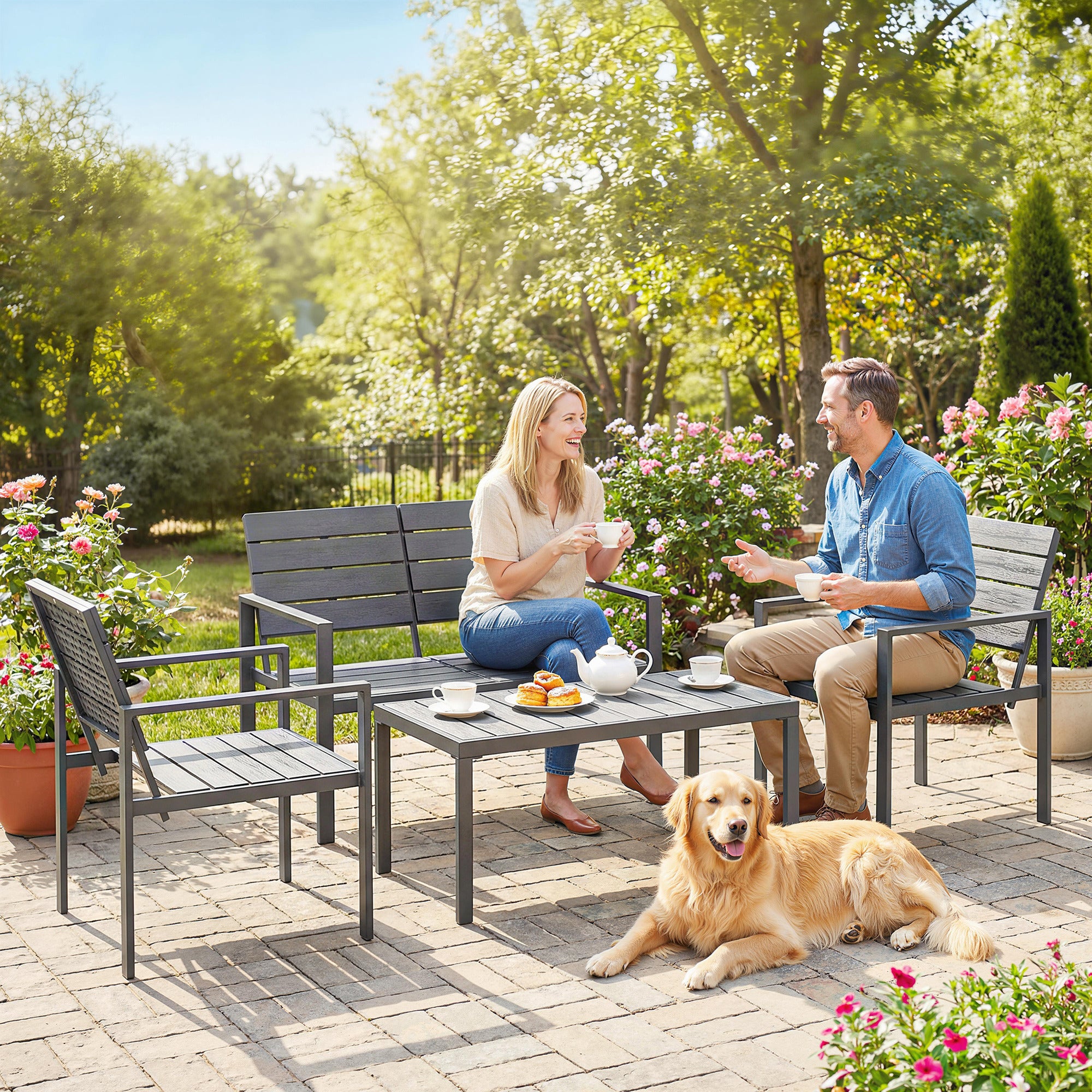 Outsunny 4 Piece Garden Furniture Set, Outdoor Sofa Set with HDPE Slatted Loveseat Armchairs Coffee Table Metal Frame, Dark Grey 