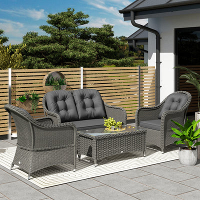 Outsunny Four-Piece Rattan Sofa Set, with Glass-Top Table - Light Grey 