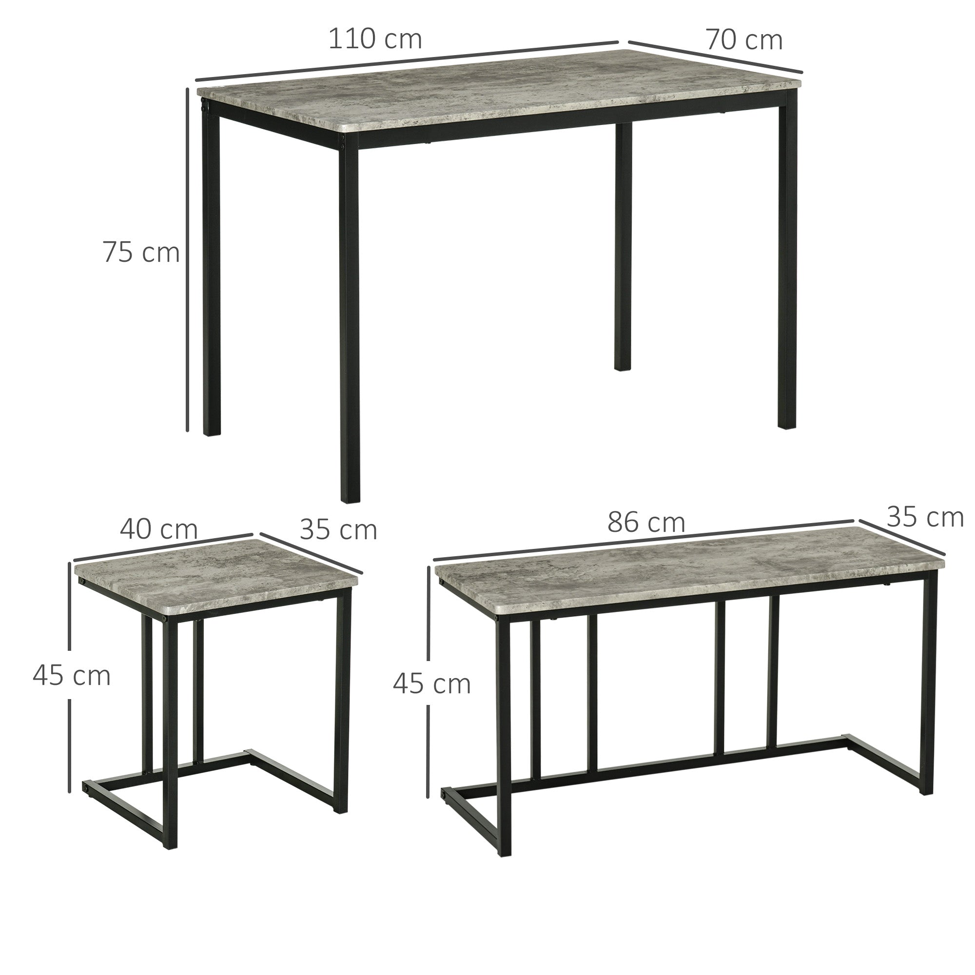 HOMCOM Dining Table and Chairs Set for 4 People, Concrete Effect Kitchen Table and Bench Set with Steel Frame, 4 Piece Dining Room Sets, Grey 