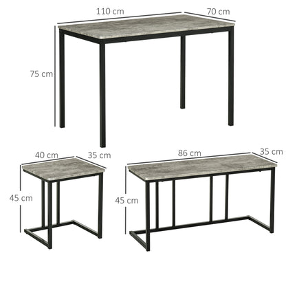 HOMCOM Dining Table and Chairs Set for 4 People, Concrete Effect Kitchen Table and Bench Set with Steel Frame, 4 Piece Dining Room Sets, Grey 