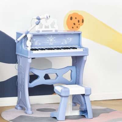 HOMCOM 37 Keys Kids Piano Mini Electronic Keyboard Light Kids Musical Instrument Educational Game Children Grand Piano Toy Set w/Stool & Microphone & Music Stand (Blue) 